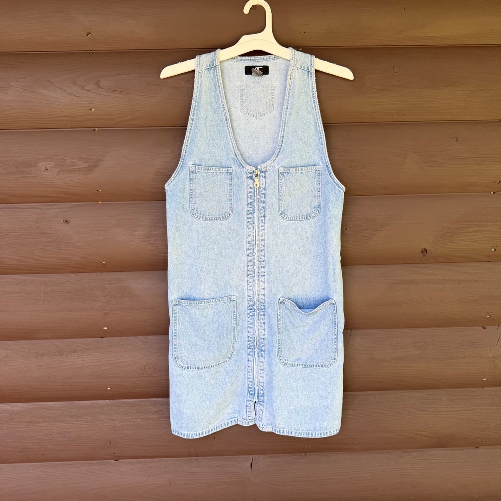 90s Rafaella‎ Jeans Cotton Denim Pinafore Dress Utility Pocket Mid Length Medium